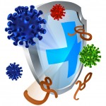 Antibacterial or anti virus shield protection concept of a shield with bacteria or virus cells bouncing off it